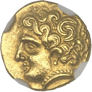 Riedones ou Vallée de la Loire. Quart de statère à la cavalière armée, classe II de poids lourd, variété inédite ND (IIIe s. av. J.-C.).