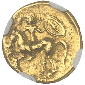 Riedones ou Vallée de la Loire. Quart de statère à la cavalière armée, classe II de poids lourd, variété inédite ND (IIIe s. av. J.-C.).