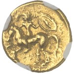 Riedones ou Vallée de la Loire. Quart de statère à la cavalière armée, classe II de poids lourd, variété inédite ND (IIIe s. av. J.-C.).