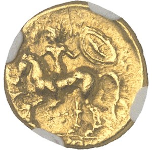 Riedones or Loire Valley. Quart de statère à la cavalière armée, class II de poids lourd, unpublished variety ND (3rd c. BC).