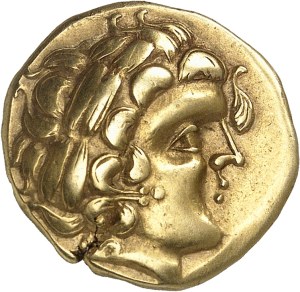 Aulerques Cénomans. Gold statère, class I with two-winged figure ND (150-100 BC).