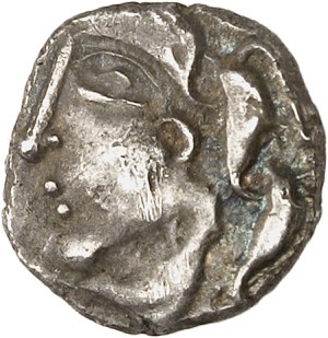 Pétrocores. Drachme, série de Belvès, au torque, à la roue et olive ND (IIe-Ier s. av. J.-C.).