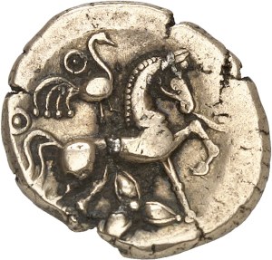 Lemovices. Electrum statere with crane and trefoil, bust right ND (120-70 BC).
