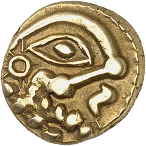 Bellovaques. Gold quarter statere with open star and horse right ND (50-30 B.C.).