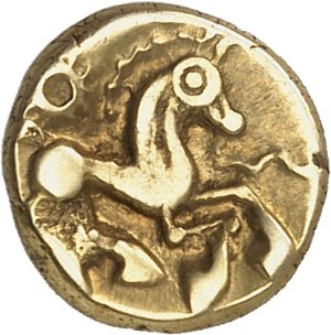 Bellovaques. Gold quarter statere with open star and horse right ND (50-30 B.C.).