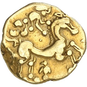 Ambiens. Quart de statère à la tête d'indien, classe I à droite, variété “à l’oiseau” ND (IIe siècle avant J.-C.).