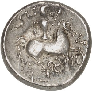 Danube central (IIe-Ier s. av. J.-C.). Tétradrachme, type au cavalier en marionnette (puppenreiter) et triskèle ND (IIIe-IIe s. av. J.-C.).