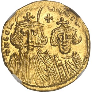 Constant II (641-668). Solidus avec Constantin IV, Héraclius et Tibère ND (659-662), Constantinople, 1ère officine.