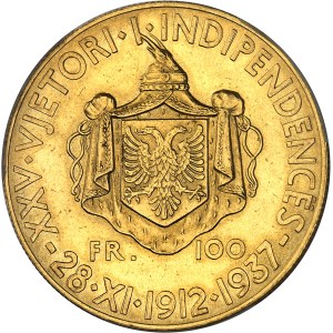 Zog Ier (1/9/1928-1939). 100 franga ari, 25e anniversaire de l’indépendance 1937, R, Rome.