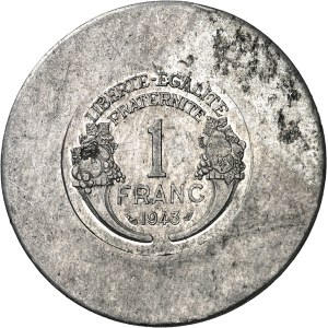 France libre (1940-juin 1943) puis Comité français de Libération nationale (juin 1943- juin 1944). Épreuve de 1 franc sur grand flan d’aluminium, par Jean Graziani 1943, Alger (Atelier industriel de l’Air ?).