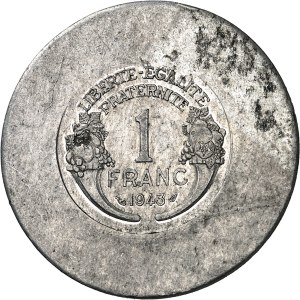 France libre (1940-June 1943) then Comité français de Libération nationale (June 1943-June 1944). 1 franc proof on large aluminum blank, by Jean Graziani 1943, Algiers (Atelier industriel de l'Air ?).
