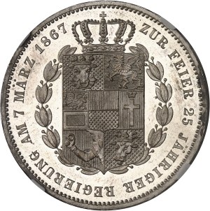 Mecklenburg-Schwerin, Frederick Franz II (1842-1883). Commemorative Thaler, 25th anniversary of the reign, aspect Flan bruni (PROOFLIKE) 1867, A, Berlin.