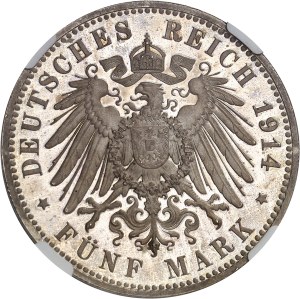 Saxony, Frederick Augustus III (1904-1918). 5 (fünf) mark, Flan bruni (PROOF) 1914, E, Muldenhutten.