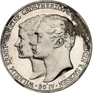Saxe-Weimar-Eisenach, Guillaume-Ernest (1901-1918). 5 (fünf) mark pour le mariage du Grand-duc avec Caroline de Reuss-Greiz, Flan bruni (PROOF) 1903, A, Berlin.