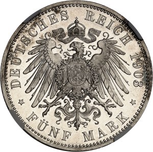 Saxe-Weimar-Eisenach, Wilhelm-Ernest (1901-1918). 5 (fünf) mark for the Grand Duke's marriage to Caroline of Reuss-Greiz, Flan bruni (PROOF) 1903, A, Berlin.