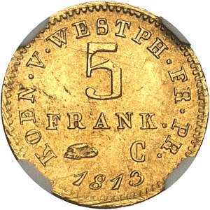 Westphalia, Jerome Napoleon (1807-1813). 5 franken Or 1813, C, Cassel.