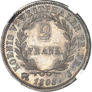 Westphalie, Jérôme Napoléon (1807-1813). 2 frank, Flan bruni (PROOF) 1808, J, Paris.