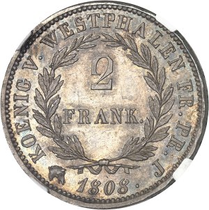 Westphalia, Jerome Napoleon (1807-1813). 2 frank, Flan bruni (PROOF) 1808, J, Paris.