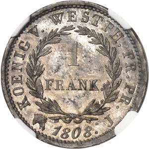 Westphalia, Jerome Napoleon (1807-1813). 1 frank, Flan bruni (PROOF) 1808, J, Paris.