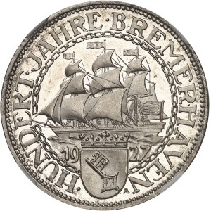 République de Weimar (Empire allemand) (1918-1933). 5 (fünf) mark pour les cent ans du Port de Bremerhaven, Flan bruni (PROOF) 1927, A, Berlin.