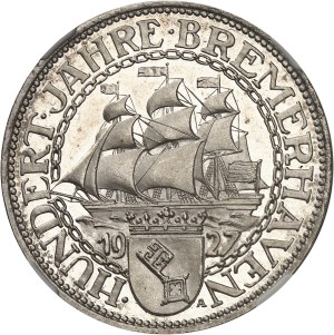 Weimar Republic (German Empire) (1918-1933). 5 (fünf) mark for the hundredth anniversary of the Port of Bremerhaven, browned blank (PROOF) 1927, A, Berlin.