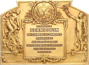 Republic. Gold uniface plaque, Buenos Aires Chamber of Commerce, with attribution, by Guttuzzopiana 1935, Buenos Aires.