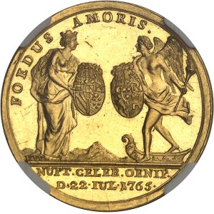 Léopold II (1790-1792). Médaille d’Or au module de 3 1/2 ducats, mariage du prince Pierre-Léopold de Habsbourg-Lorraine et de Marie-Louise d’Espagne le 4 août 1765 à Innsbruck, par I. Widemann, d’aspect Flan bruni (PROOFLIKE) 1765, Vienne.