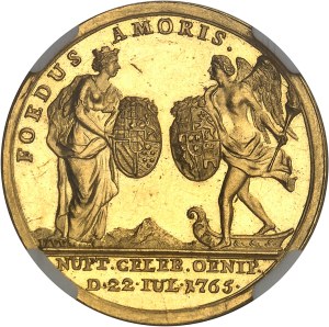 Leopold II (1790-1792). Gold medal with a modulus of 3 1/2 ducats, marriage of Prince Pierre-Léopold of Habsburg-Lorraine and Marie-Louise of Spain on August 4, 1765 in Innsbruck, by I. Widemann, from aspect Flan bruni (PROOFLIKE) 1765, Vienna.