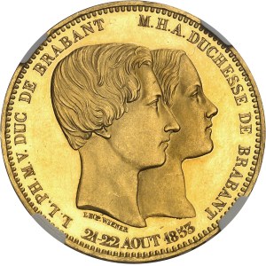 Léopold Ier (1831-1865). Module de 100 francs en Or, mariage du duc et de la duchesse de Brabant, Flan bruni (PROOF) 1853, Bruxelles.