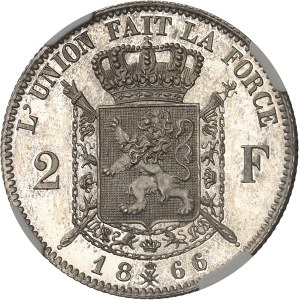 Léopold II (1865-1909). Essai de 2 francs, type adopté, Flan bruni (PROOF) 1866, Bruxelles.