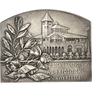 François-Joseph Ier (1848-1916). Plaque, pavillon de la Bosnie-Herzégovine à l’Exposition Universelle de Paris 1900, par H. Kautsch 1900, Paris.