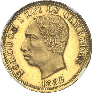 Norodom Ier (1860-1904). Frappe de luxe de Une piastre - Un peso, en Or, tranche striée, Flan bruni (PROOF) 1860, Bruxelles (Würden).