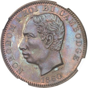 Norodom Ier (1860-1904). Épreuve de Une piastre - Un peso, sur flan en cuivre, tranche lisse, Flan bruni (PROOF) 1860, Bruxelles (Würden).