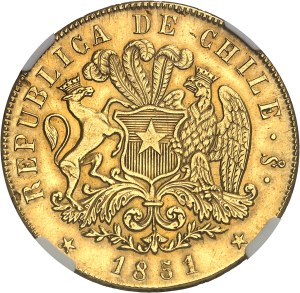 Republic. 8 escudos 1851 LA, S°, Santiago.