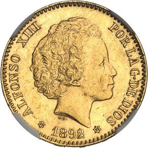Alfonso XIII (1886-1931). 20 pesetas, adolescent bust 1892 (18-92) PG, M, Madrid.