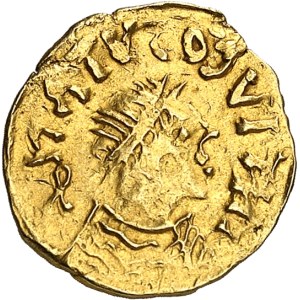 Francs, Gontran roi des Orléanais (561-592). Trémissis au nom de Justinien ND (c.560-580), Nevers ?