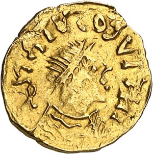 Franks, Gontran king of the Orleans (561-592). Tremissis in the name of Justinian ND (c.560-580), Nevers ?