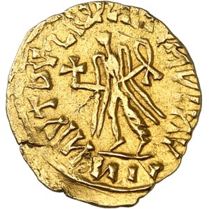 Francs, Gontran roi des Orléanais (561-592). Trémissis au nom de Justinien ND (c.560-580), Nevers ?
