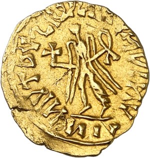 Franks, Gontran king of the Orleans (561-592). Tremissis in the name of Justinian ND (c.560-580), Nevers ?