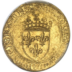 Charles VIII (1483-1498). Écu d’or au soleil, 1ère émission modifiée avec lis initial, 2e type de Perpignan ND (1483-1494), P, Perpignan.