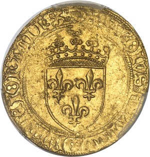 Charles VIII (1483-1498). Écu d’or au soleil, 1ère émission modifiée avec lis initial, 2e type de Perpignan ND (1483-1494), P, Perpignan.