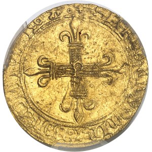 Charles VIII (1483-1498). Écu d’or au soleil, 1ère émission modifiée avec lis initial, 2e type de Perpignan ND (1483-1494), P, Perpignan.