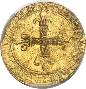 Charles VIII (1483-1498). Écu d’or au soleil, 1ère émission modifiée avec lis initial, 2e type de Perpignan ND (1483-1494), P, Perpignan.