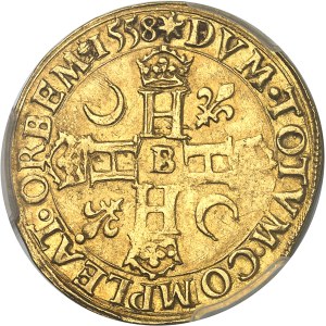 Henri II (1547-1559). Double Henri d’or 1er type 1558, B, Rouen.