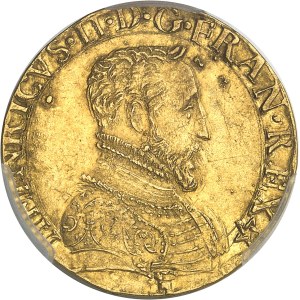 Henri II (1547-1559). Double Henri d’or 1er type, buste B 1557/5, E, Tours.