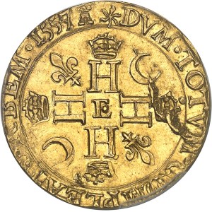 Henri II (1547-1559). Double Henri d’or 1er type, buste B 1557/5, E, Tours.