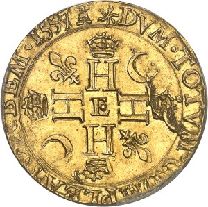 Henri II (1547-1559). Double Henri d'or 1er type, bust B 1557/5, E, Tours.