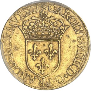 Charles IX (1560-1574). Écu d’or au soleil, 1er type, date fautée (MVLXII) 1562, A, Paris.