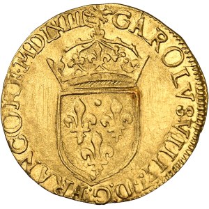 Charles IX (1560-1574). Écu d’or au soleil, 1er type MDLXIII (1563), H, La Rochelle.