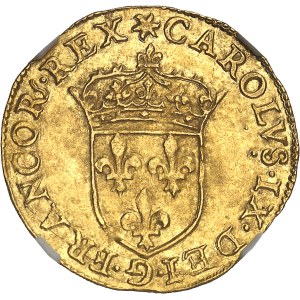 Charles IX (1560-1574). Écu d’or au soleil 1566, G, Poitiers.